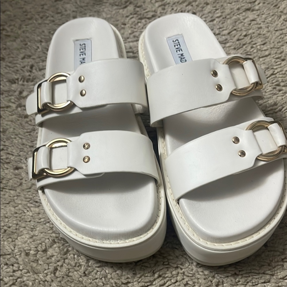Steve Madden White Slides with Gold Accents